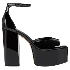 New Marc Fisher Della Platform Sandal Black Patent Leather